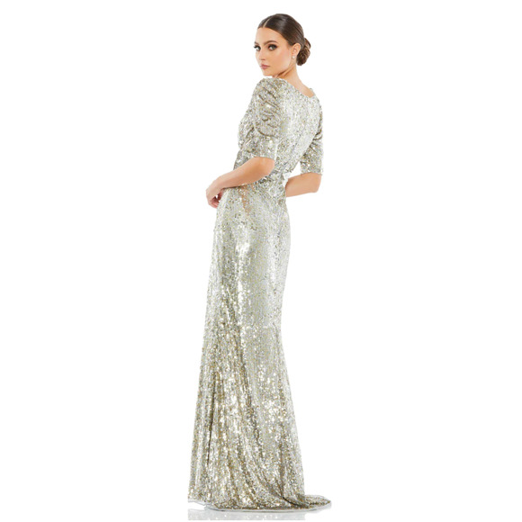 Mac Duggal 4707 Platinum Silver Sequined V-Neck Short Sleeve Evening Gown 14 - Picture 2 of 8